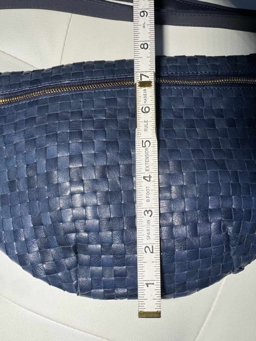 Clare V Moyen Woven Leather Crossbody Bag Blue Crescent Zip - Picture 7 of 9